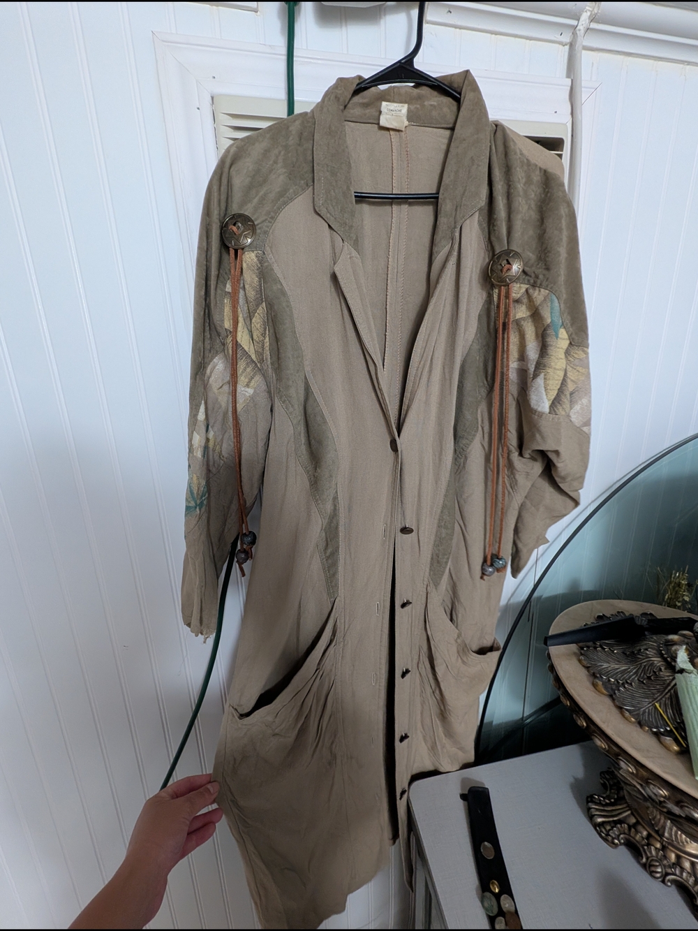 Boho Taupe Longline Women's Coat with Embroidered Accents COMANCHE